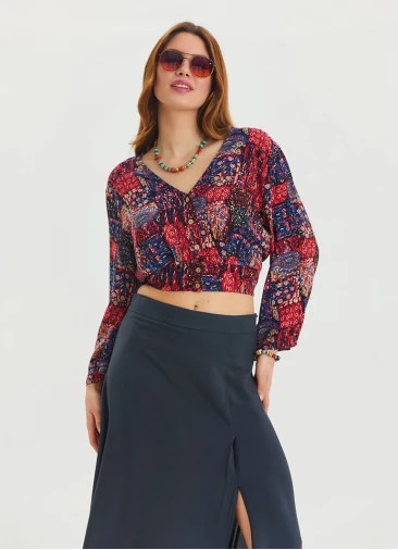 P V Neck Button Detailed Red Summer Blouse 4608
